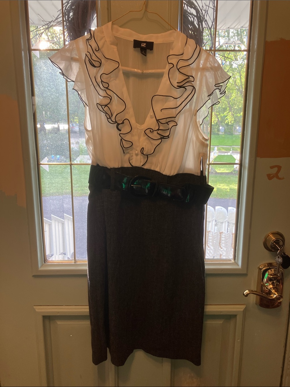 White Ruffled V-Neck Blouse & Charcoal Pencil Skirt Dress